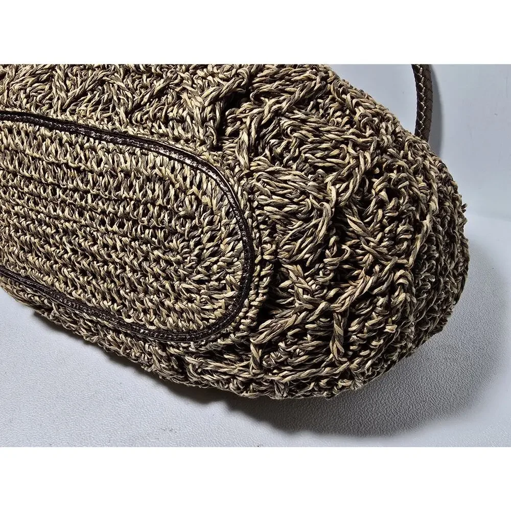 BRIGHTON VINTAGE Woven Straw Shoulder Hobo Bag Bronze Leather Trim Charm
